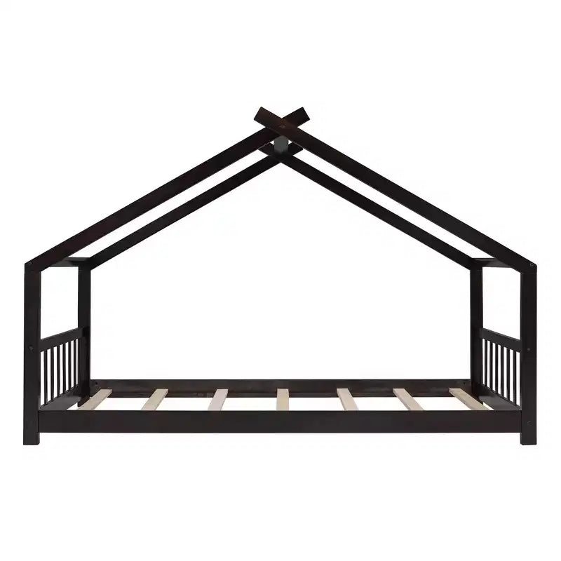 Twin Size House Bed Frame with Roof and Fence – Pine Wood, No Box Spring Needed