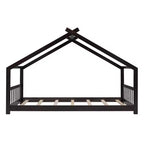 Twin Size House Bed Frame with Roof and Fence – Pine Wood, No Box Spring Needed