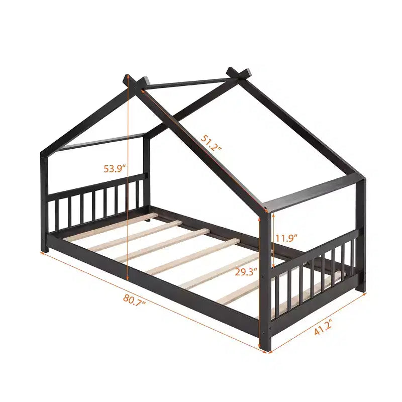 Twin Size House Bed Frame with Roof and Fence – Pine Wood, No Box Spring Needed