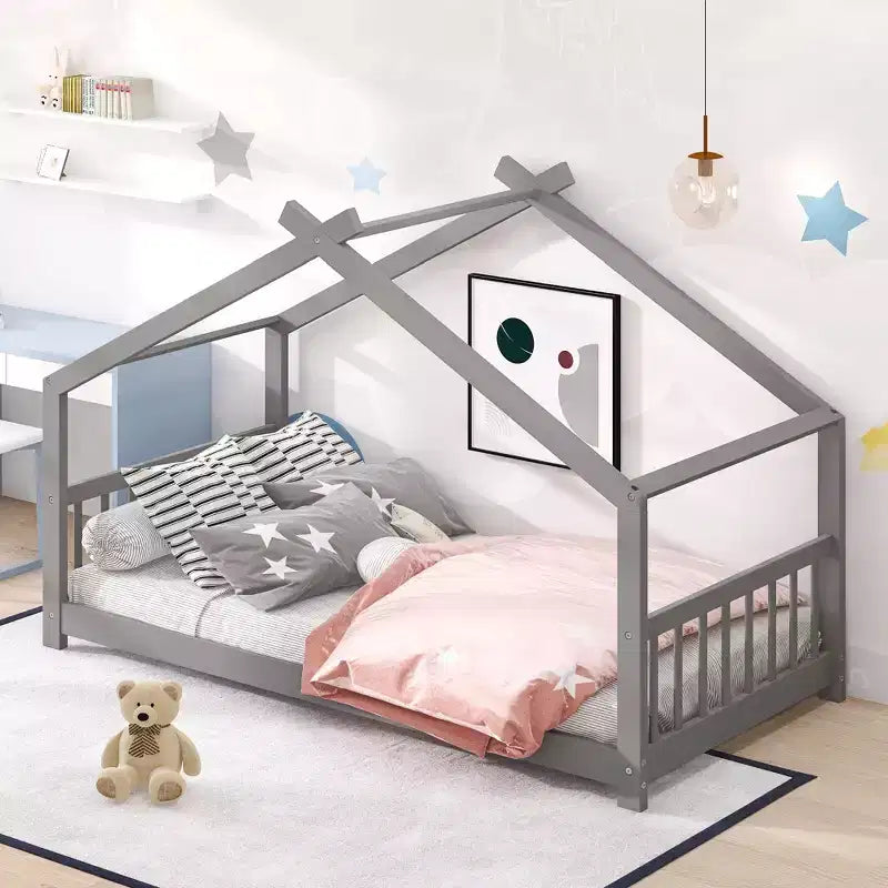 Twin Size House Bed Frame with Roof and Fence – Pine Wood, No Box Spring Needed