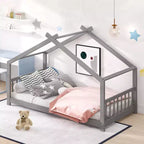 Twin Size House Bed Frame with Roof and Fence – Pine Wood, No Box Spring Needed