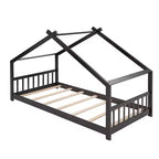 CLIHOME Twin Size House Bed Pine Wood Bed Playhouse Children Bed Frame With Fence