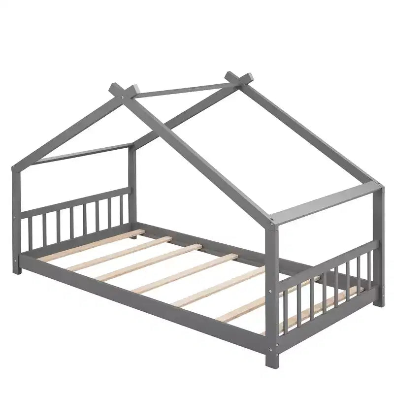 Twin Size House Bed Frame with Roof and Fence – Pine Wood, No Box Spring Needed