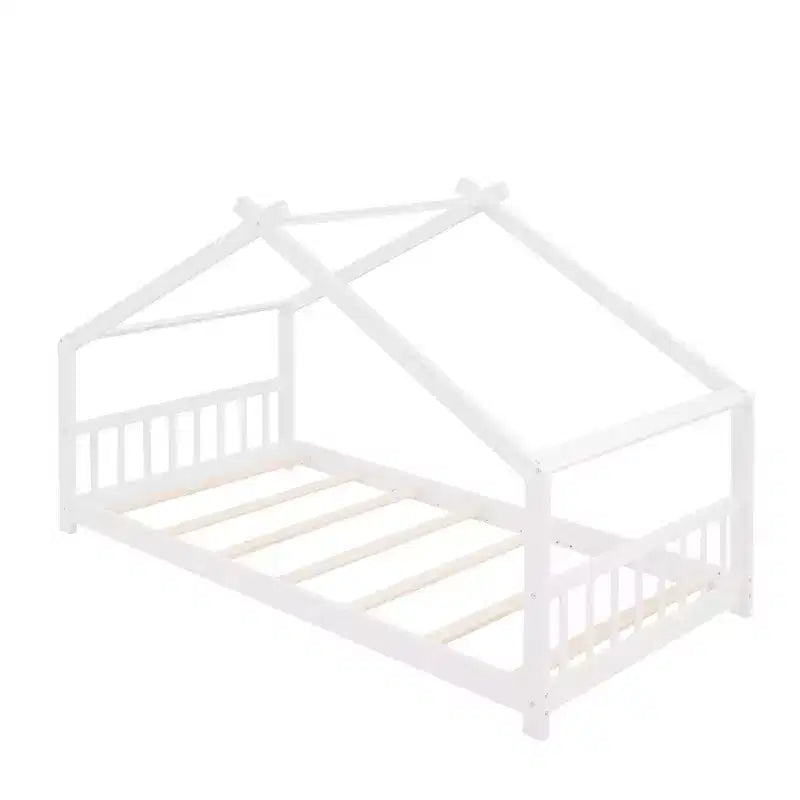 Twin Size House Bed Frame with Roof and Fence – Pine Wood, No Box Spring Needed
