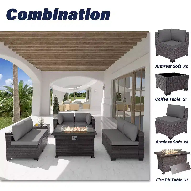 Ensemble de mobilier de terrasse ALAULM, 8 pièces, en rotin synthétique, ensemble de salon d’extérieur