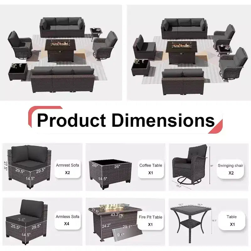 Ensemble de mobilier de patio ALAULM, 11 pièces, ensembles de conversation d’extérieur en osier de rotin avec table brasero au propane de 43 pouces