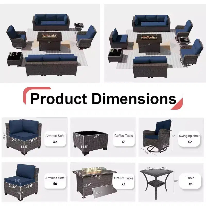 Ensemble de mobilier de patio ALAULM, 11 pièces, ensembles de conversation d’extérieur en osier de rotin avec table brasero au propane de 43 pouces