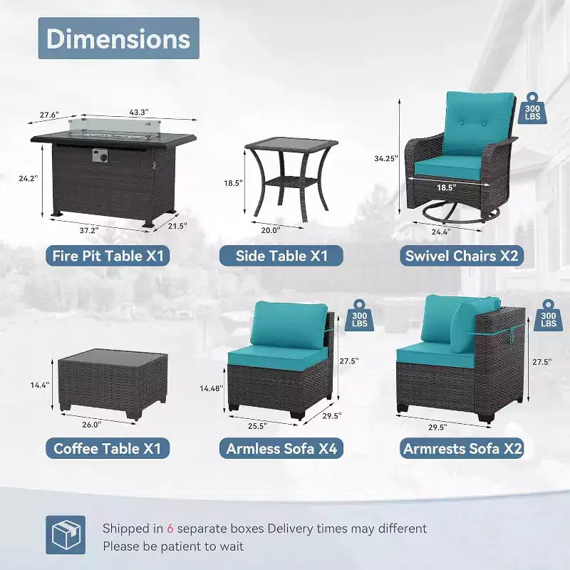 Ensemble de mobilier de patio ALAULM, 11 pièces, ensembles de conversation d’extérieur en osier de rotin avec table brasero au propane de 43 pouces
