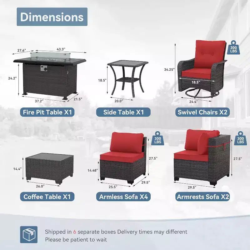 Ensemble de mobilier de patio ALAULM, 11 pièces, ensembles de conversation d’extérieur en osier de rotin avec table brasero au propane de 43 pouces