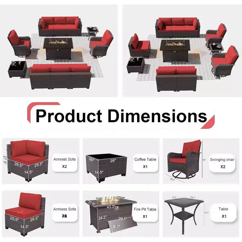 Ensemble de mobilier de patio ALAULM, 11 pièces, ensembles de conversation d’extérieur en osier de rotin avec table brasero au propane de 43 pouces
