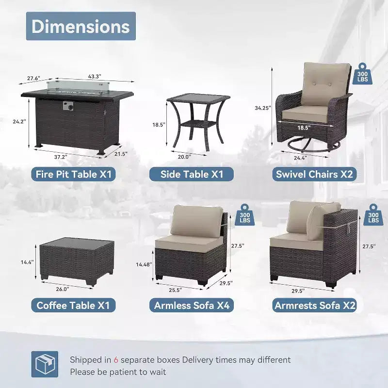 Ensemble de mobilier de patio ALAULM, 11 pièces, ensembles de conversation d’extérieur en osier de rotin avec table brasero au propane de 43 pouces