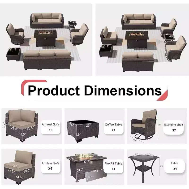 Ensemble de mobilier de patio ALAULM, 11 pièces, ensembles de conversation d’extérieur en osier de rotin avec table brasero au propane de 43 pouces