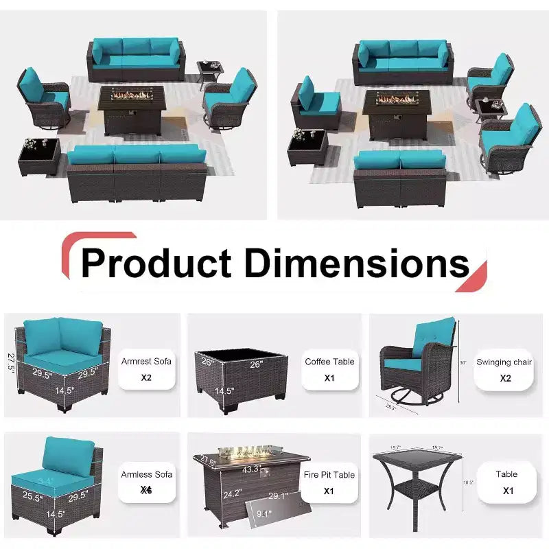 Ensemble de mobilier de patio ALAULM, 11 pièces, ensembles de conversation d’extérieur en osier de rotin avec table brasero au propane de 43 pouces