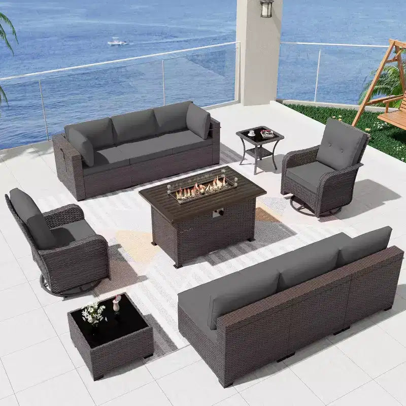ALAULM 11-delige terrasmeubelset, outdoor loungeset van rotan en vlechtwerk met propaangasvuurtafel van 43 inch