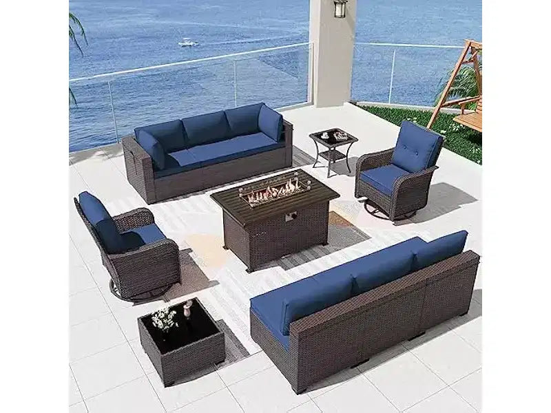 ALAULM 11-delige terrasmeubelset, outdoor loungeset van rotan en vlechtwerk met propaangasvuurtafel van 43 inch