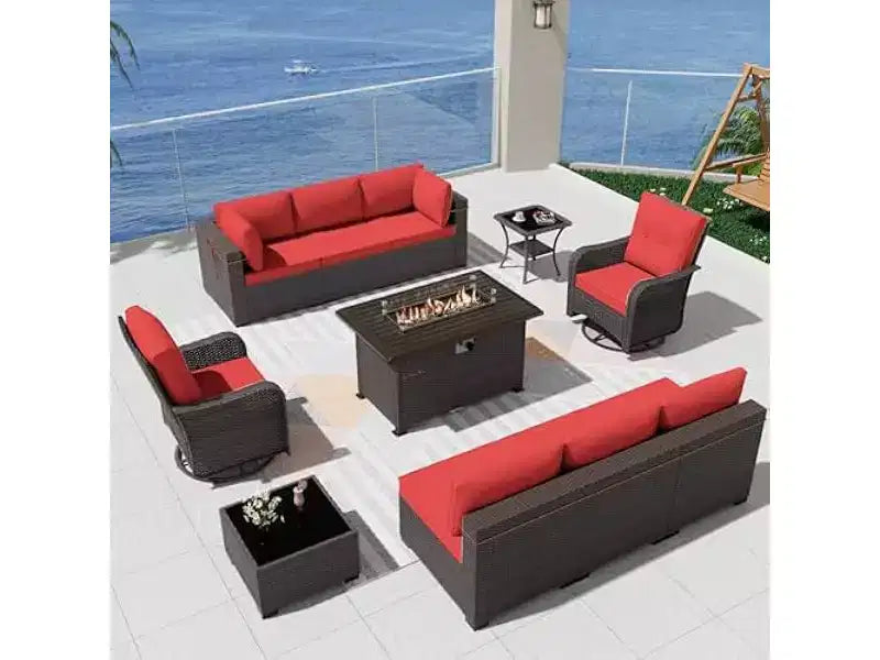 ALAULM 11-delige terrasmeubelset, outdoor loungeset van rotan en vlechtwerk met propaangasvuurtafel van 43 inch