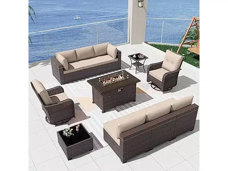 ALAULM 11-delige terrasmeubelset, outdoor loungeset van rotan en vlechtwerk met propaangasvuurtafel van 43 inch