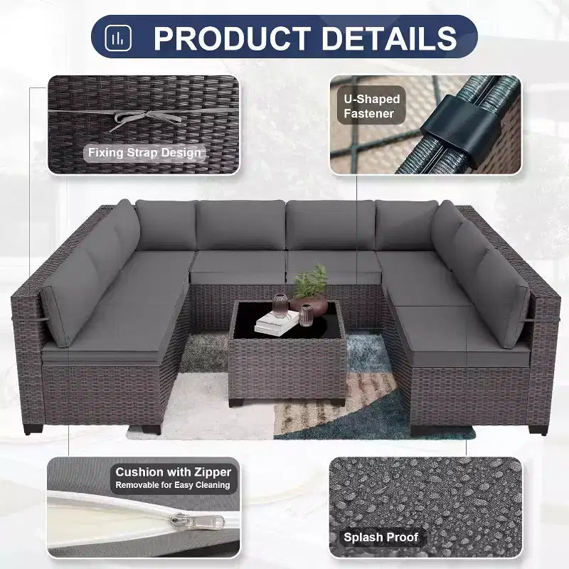 Ensemble de mobilier de patio ALAULM de 9 pièces, ensemble de conversation extérieur en osier de rotin, canapé de jardin extérieur