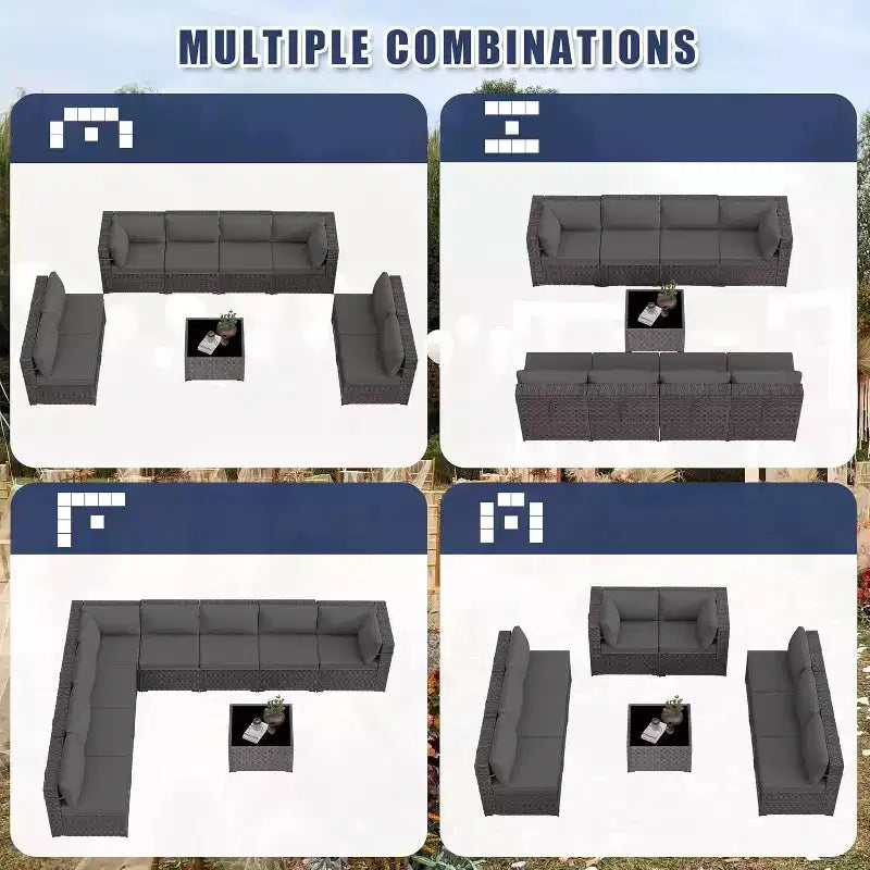 Ensemble de mobilier de patio ALAULM de 9 pièces, ensemble de conversation extérieur en osier de rotin, canapé de jardin extérieur