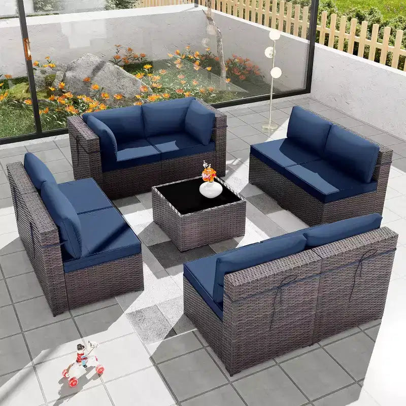 Ensemble de mobilier de patio ALAULM de 9 pièces, ensemble de conversation extérieur en osier de rotin, canapé de jardin extérieur