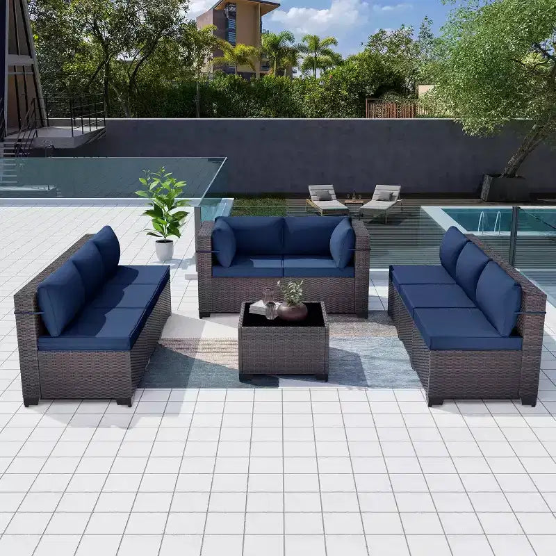 Ensemble de mobilier de patio ALAULM de 9 pièces, ensemble de conversation extérieur en osier de rotin, canapé de jardin extérieur