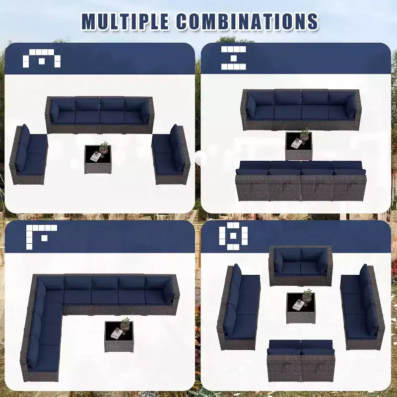 Ensemble de mobilier de patio ALAULM de 9 pièces, ensemble de conversation extérieur en osier de rotin, canapé de jardin extérieur