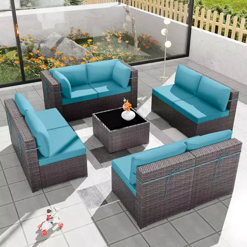 Ensemble de mobilier de patio ALAULM de 9 pièces, ensemble de conversation extérieur en osier de rotin, canapé de jardin extérieur