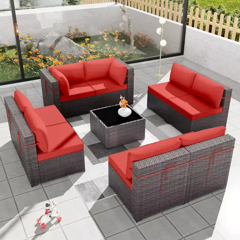 Ensemble de mobilier de patio ALAULM de 9 pièces, ensemble de conversation extérieur en osier de rotin, canapé de jardin extérieur