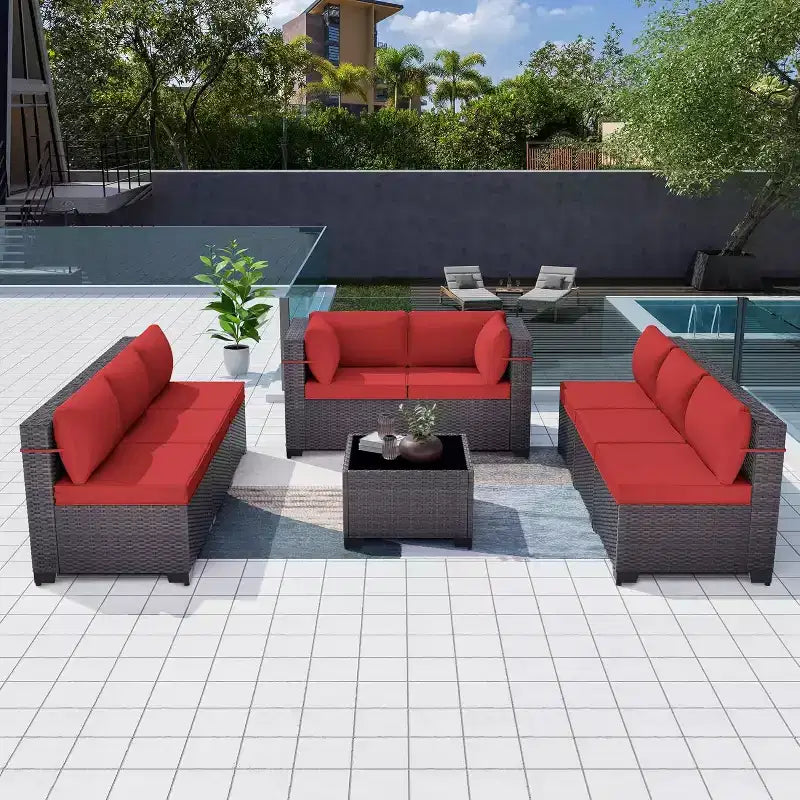 Ensemble de mobilier de patio ALAULM de 9 pièces, ensemble de conversation extérieur en osier de rotin, canapé de jardin extérieur