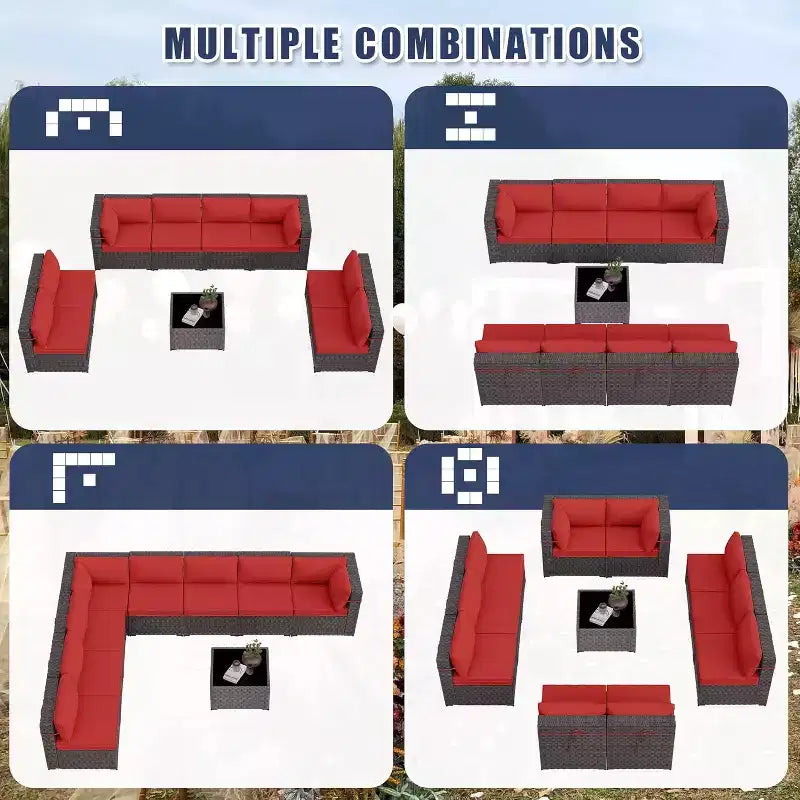 Ensemble de mobilier de patio ALAULM de 9 pièces, ensemble de conversation extérieur en osier de rotin, canapé de jardin extérieur