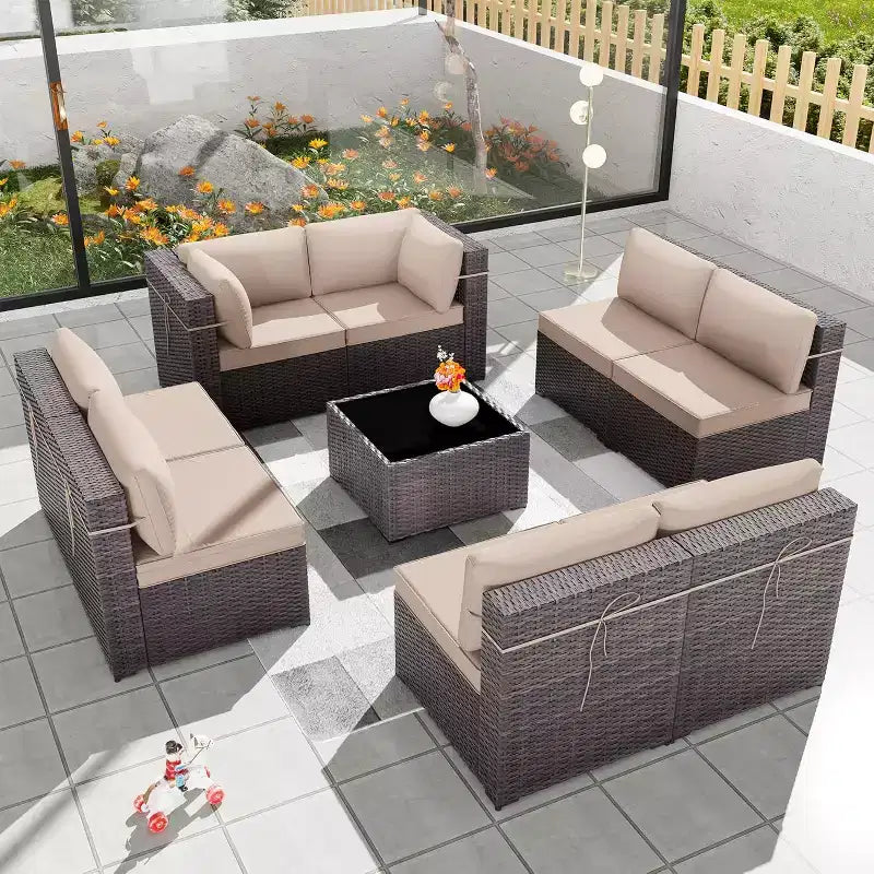 Ensemble de mobilier de patio ALAULM de 9 pièces, ensemble de conversation extérieur en osier de rotin, canapé de jardin extérieur