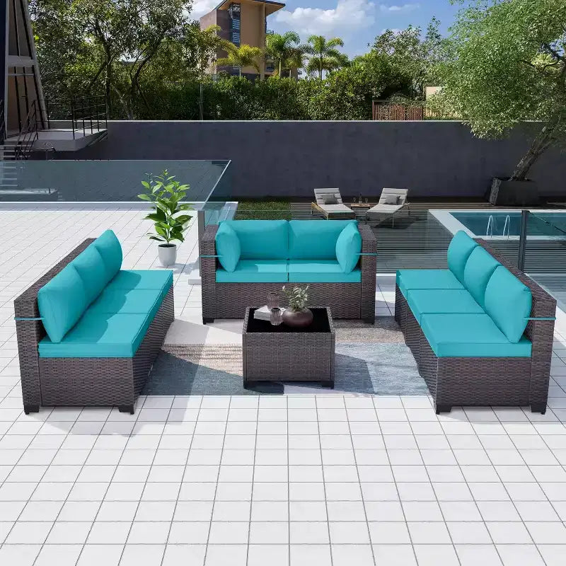 Ensemble de mobilier de patio ALAULM de 9 pièces, ensemble de conversation extérieur en osier de rotin, canapé de jardin extérieur