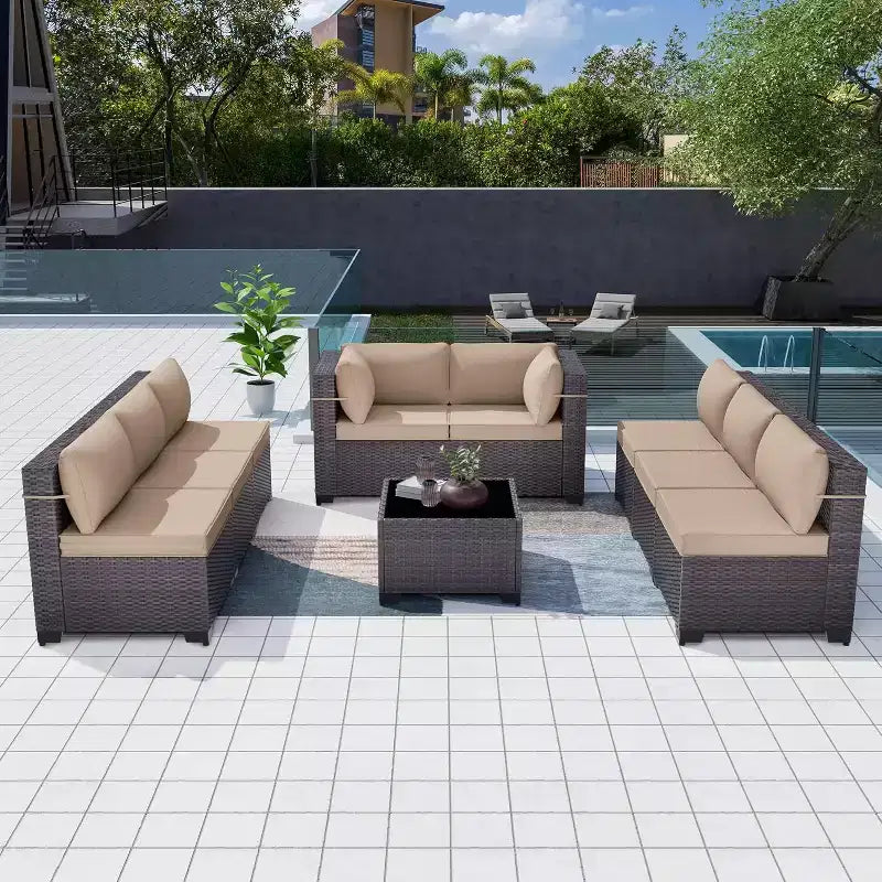 Ensemble de mobilier de patio ALAULM de 9 pièces, ensemble de conversation extérieur en osier de rotin, canapé de jardin extérieur
