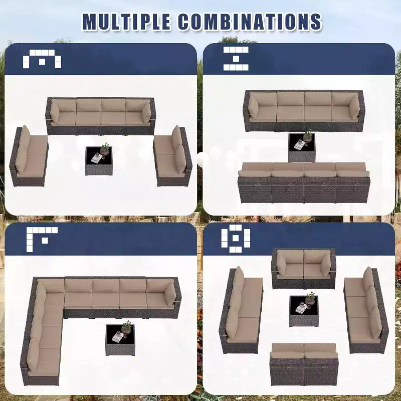 Ensemble de mobilier de patio ALAULM de 9 pièces, ensemble de conversation extérieur en osier de rotin, canapé de jardin extérieur