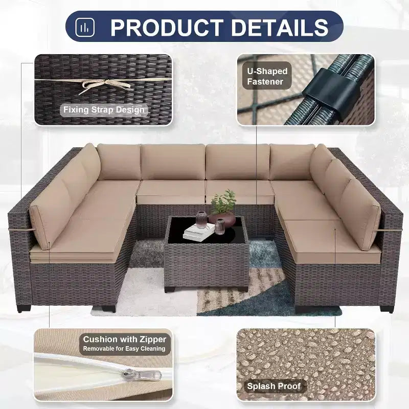 Ensemble de mobilier de patio ALAULM de 9 pièces, ensemble de conversation extérieur en osier de rotin, canapé de jardin extérieur