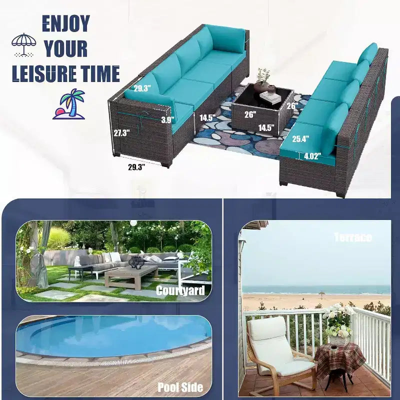 Ensemble de mobilier de patio ALAULM de 9 pièces, ensemble de conversation extérieur en osier de rotin, canapé de jardin extérieur