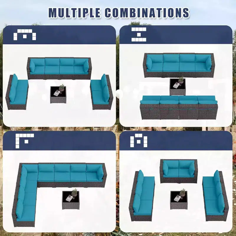 Ensemble de mobilier de patio ALAULM de 9 pièces, ensemble de conversation extérieur en osier de rotin, canapé de jardin extérieur