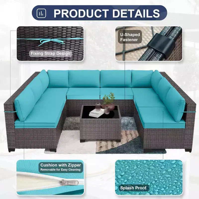 Ensemble de mobilier de patio ALAULM de 9 pièces, ensemble de conversation extérieur en osier de rotin, canapé de jardin extérieur