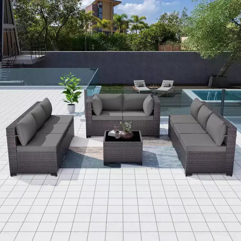 Ensemble de mobilier de patio ALAULM de 9 pièces, ensemble de conversation extérieur en osier de rotin, canapé de jardin extérieur