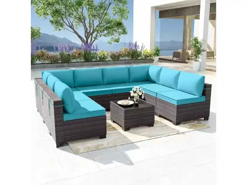 ALAULM 9 Pieces Patio Furniture Set, Rattan Wicker Outdoor Conversation Sets, Outdoor Furniture Sofa Set