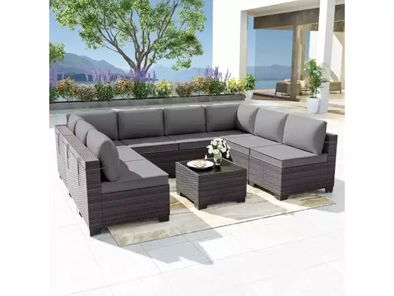 ALAULM 9-delige tuinmeubelset, loungeset voor buiten van rotan en vlechtwerk