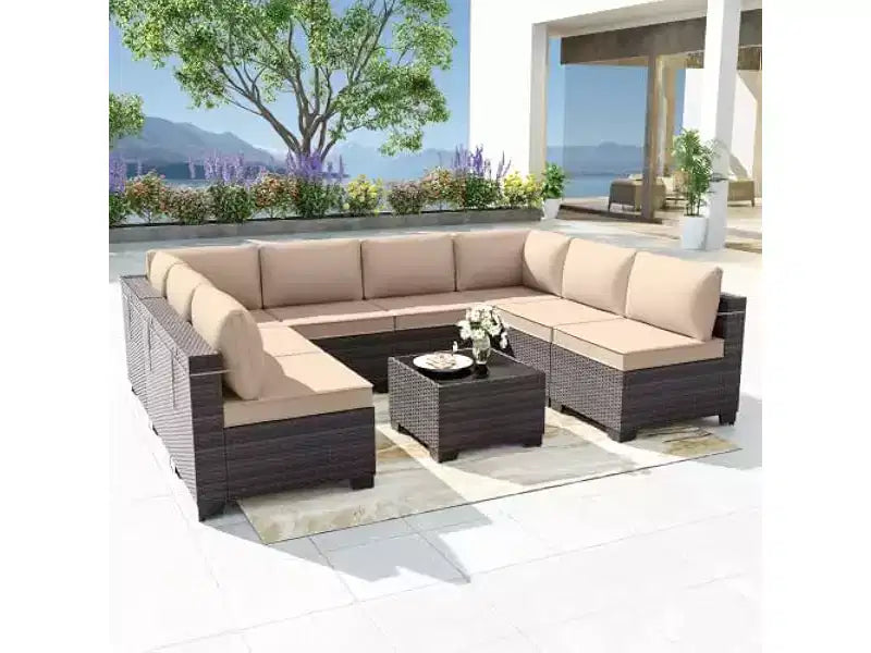 ALAULM 9-delige tuinmeubelset, loungeset voor buiten van rotan en vlechtwerk