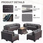 Ensemble de mobilier de patio ALAULM de 11 pièces, ensemble de conversation extérieur en osier de rotin, canapé avec table brasero au propane de 43in