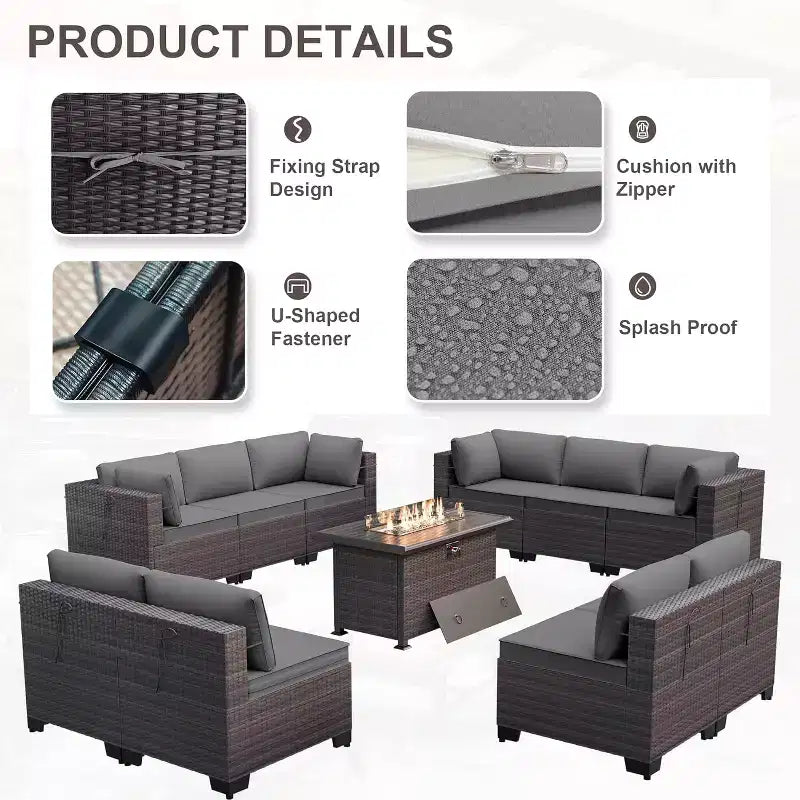 Ensemble de mobilier de patio ALAULM de 11 pièces, ensemble de conversation extérieur en osier de rotin, canapé avec table brasero au propane de 43in