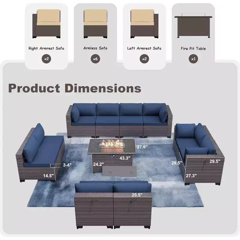 Ensemble de mobilier de patio ALAULM de 11 pièces, ensemble de conversation extérieur en osier de rotin, canapé avec table brasero au propane de 43in