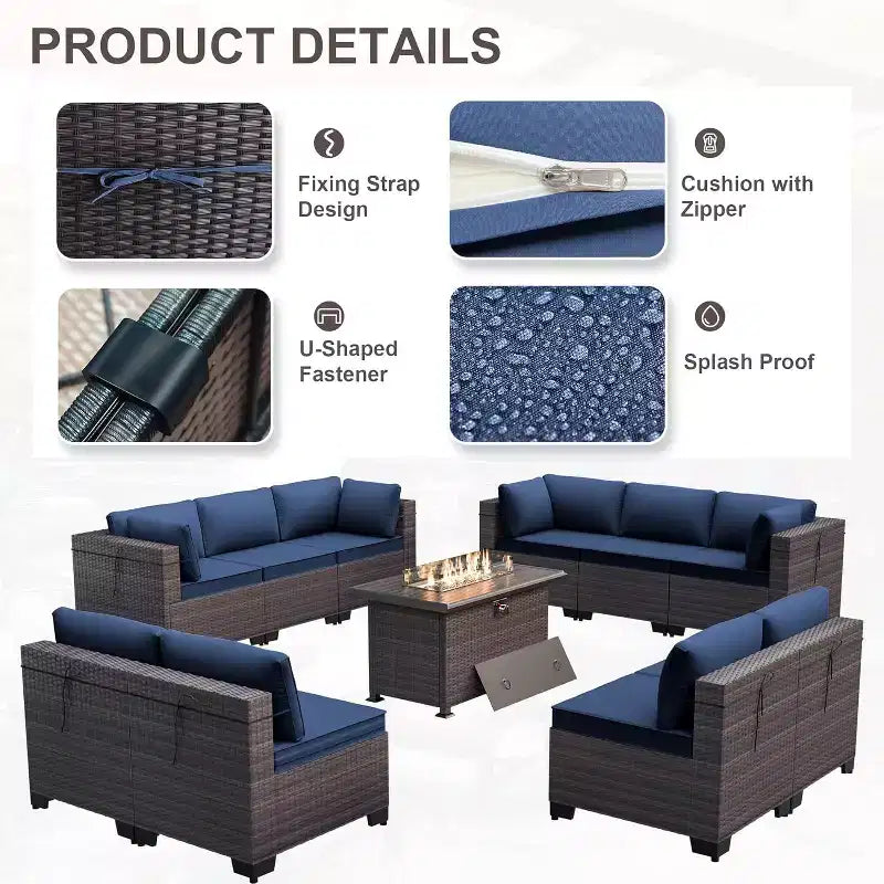 Ensemble de mobilier de patio ALAULM de 11 pièces, ensemble de conversation extérieur en osier de rotin, canapé avec table brasero au propane de 43in