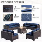 Ensemble de mobilier de patio ALAULM de 11 pièces, ensemble de conversation extérieur en osier de rotin, canapé avec table brasero au propane de 43in
