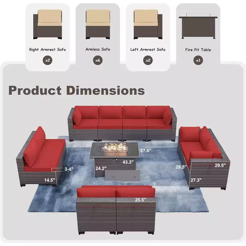 Ensemble de mobilier de patio ALAULM de 11 pièces, ensemble de conversation extérieur en osier de rotin, canapé avec table brasero au propane de 43in