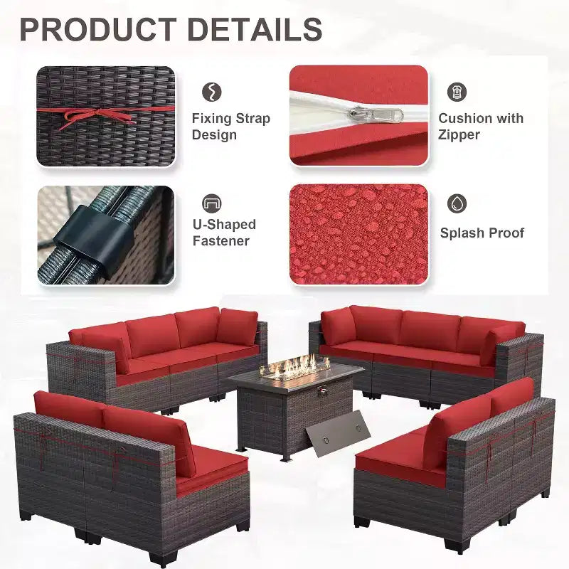 Ensemble de mobilier de patio ALAULM de 11 pièces, ensemble de conversation extérieur en osier de rotin, canapé avec table brasero au propane de 43in