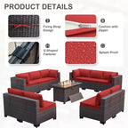 Ensemble de mobilier de patio ALAULM de 11 pièces, ensemble de conversation extérieur en osier de rotin, canapé avec table brasero au propane de 43in